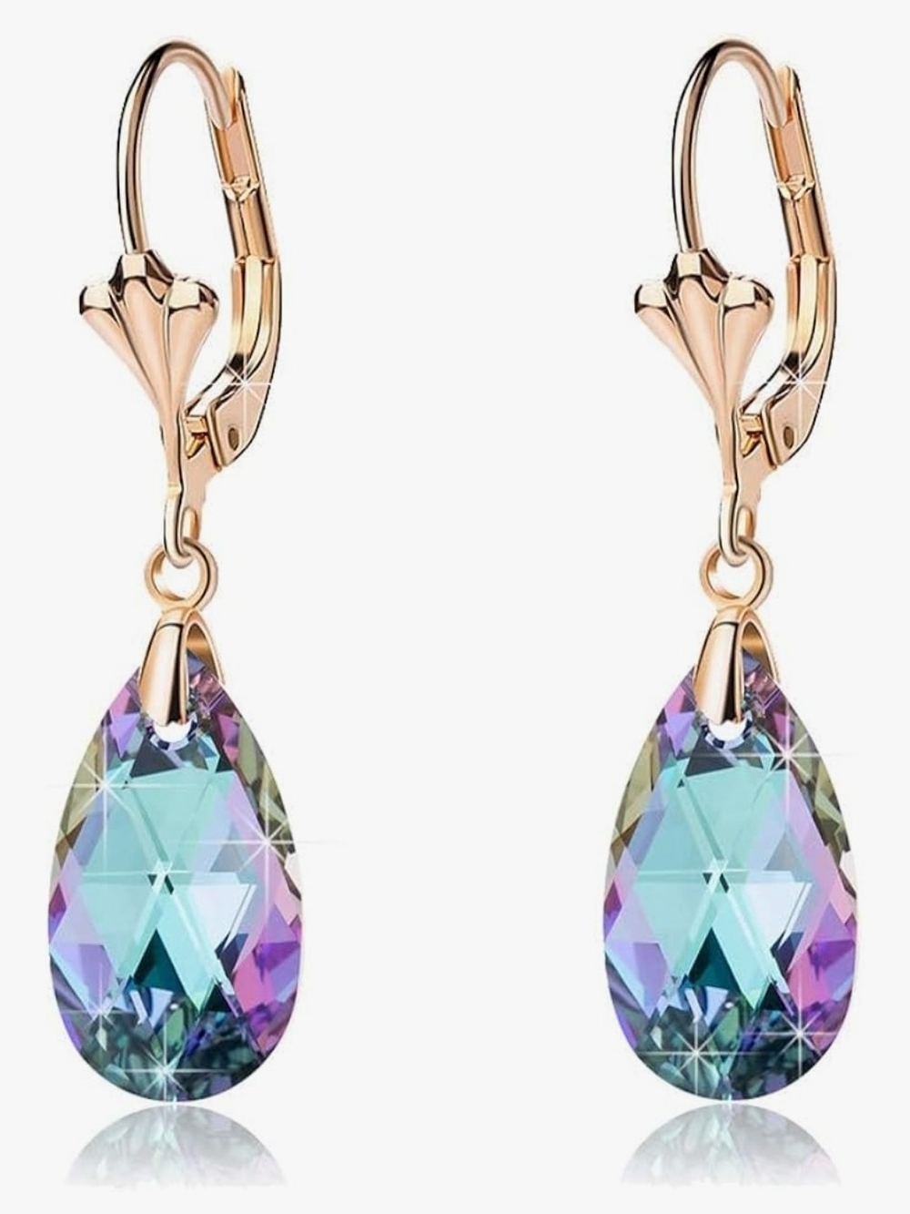 Iridescent Teardrop Austrian Crystals Earring In 14k Gold Plating  Lever Back